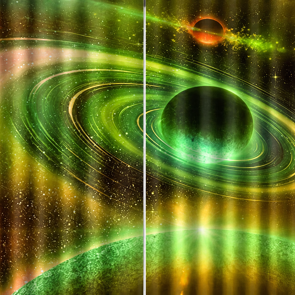 Close-up van groene ruimtegordijnen met een ringplaneet en sterren