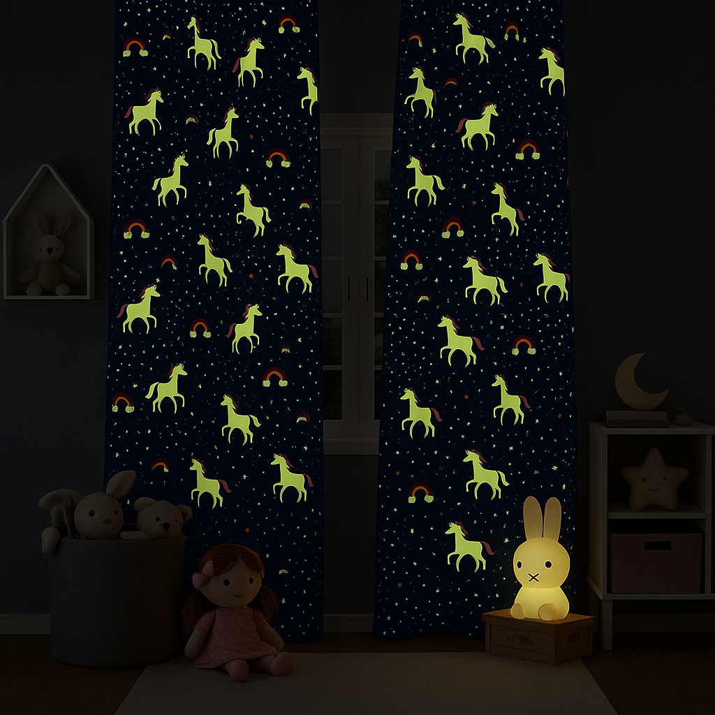 Sterren Eenhoorn kinderkamer gordijnen Glow in the Dark - Leukekindergordijnen.nl