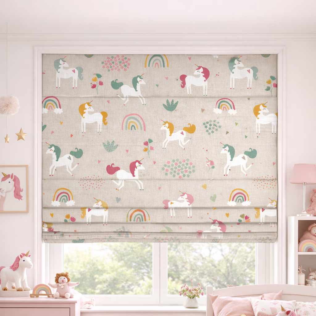 vouwgordijn met eenhoorns en regenboogprint in pastel meisjeskamer.