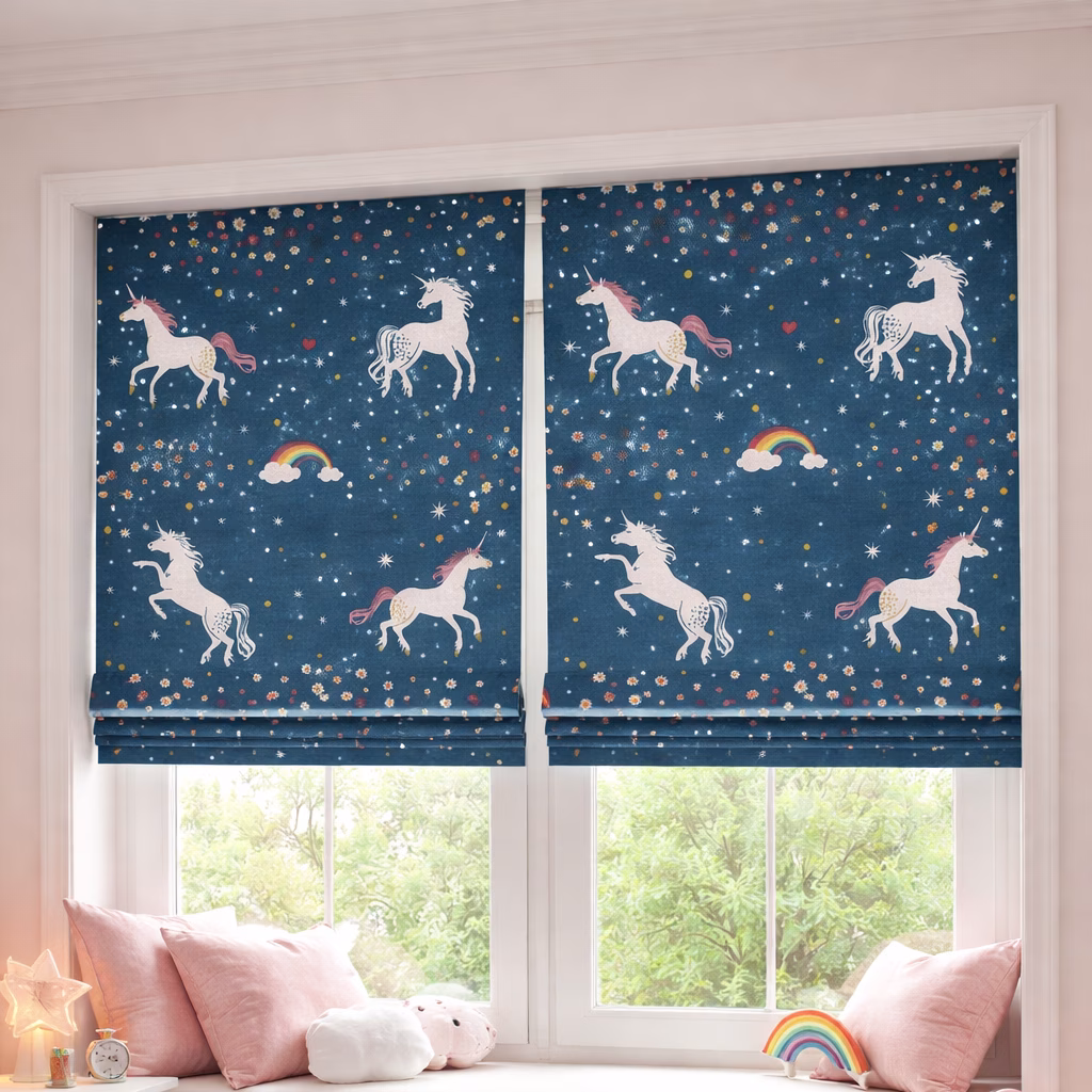Kinderkamer met eenhoorn vouwgordijnen