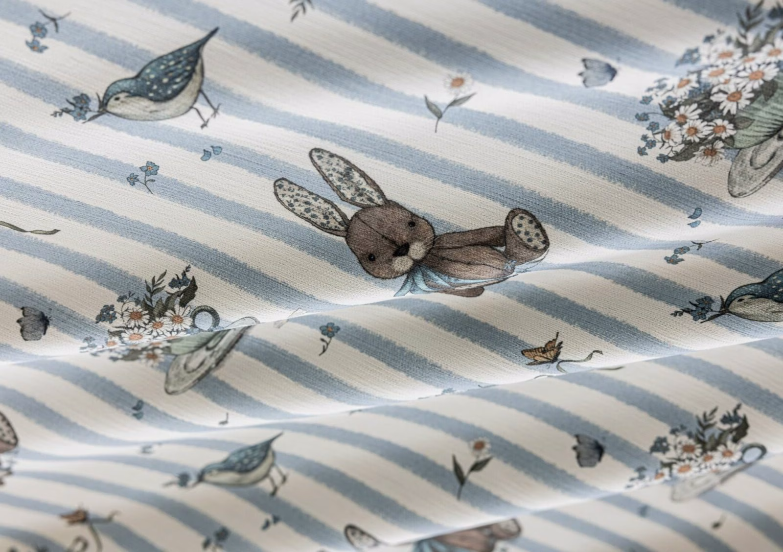 Blauwe kindergordijnen met konijntjes en vogeltjes voor babykamer of kinderkamer