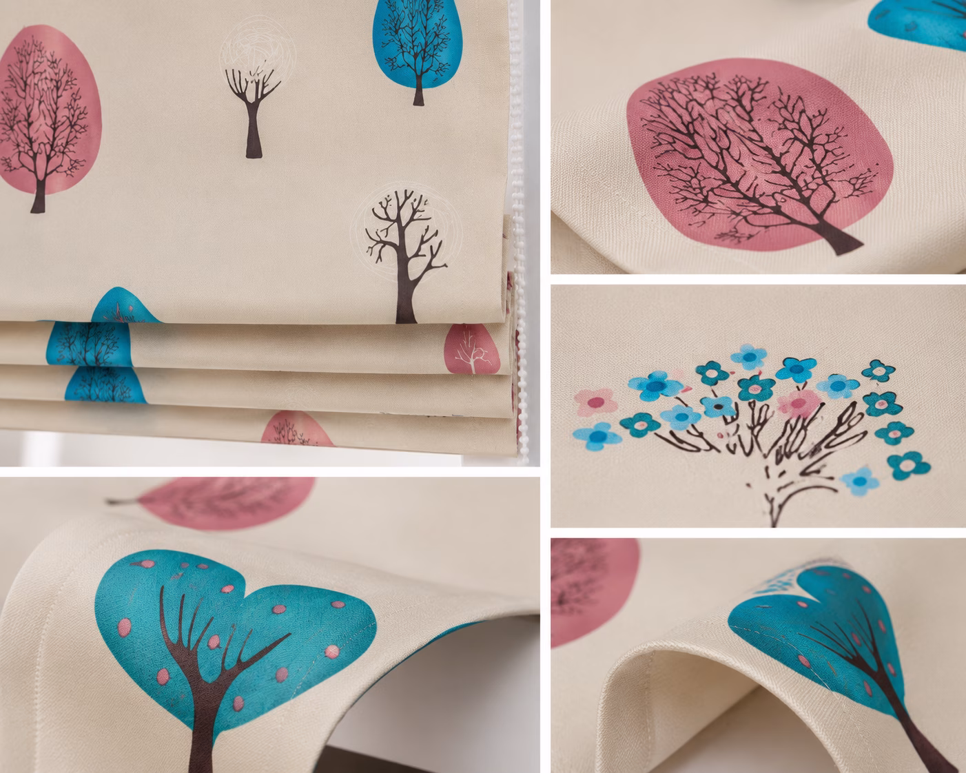 Vouwgordijn met bomenprint in pastelkleuren in een sfeervolle woonkamer en kinderkamer