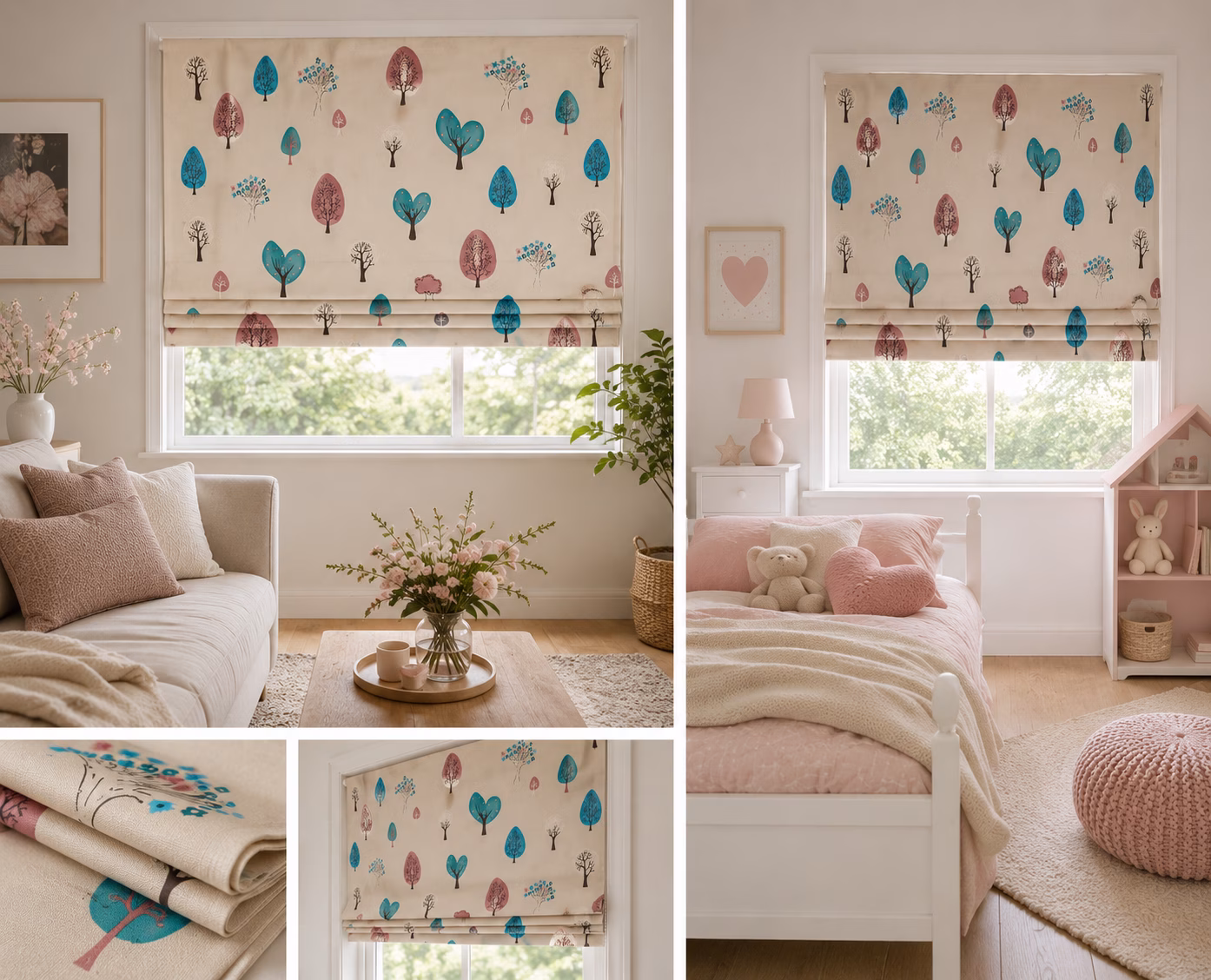 Vouwgordijn met bomenprint in pastelkleuren in een sfeervolle woonkamer en kinderkamer