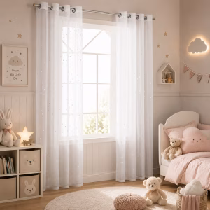 Witte vitrage met zilveren sterren in kinderkamer