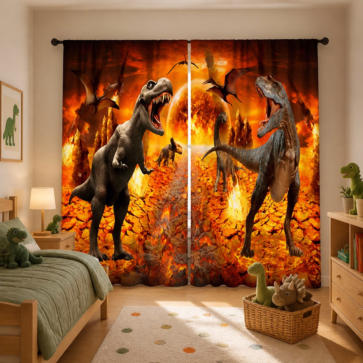 Dinosaurusgordijnen met lavalandschap in een warme kinderkamer