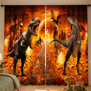 Dinosaurusgordijnen met lavalandschap in een warme kinderkamer