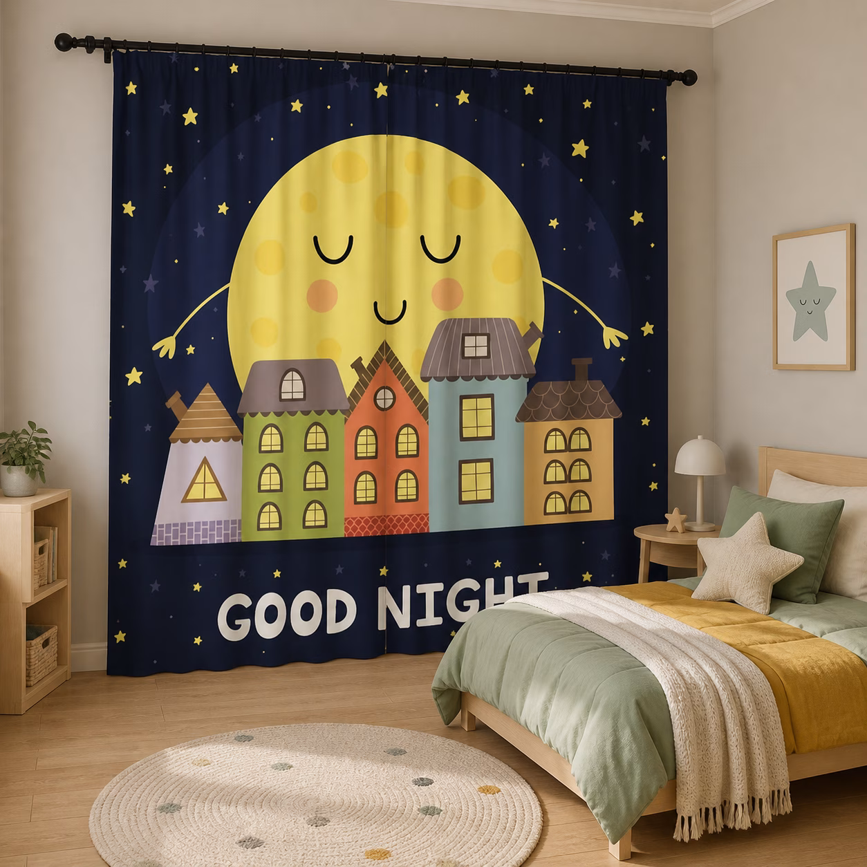 Donkerblauw kindergordijn met maan, sterren, huisjes en Good Night-opdruk
