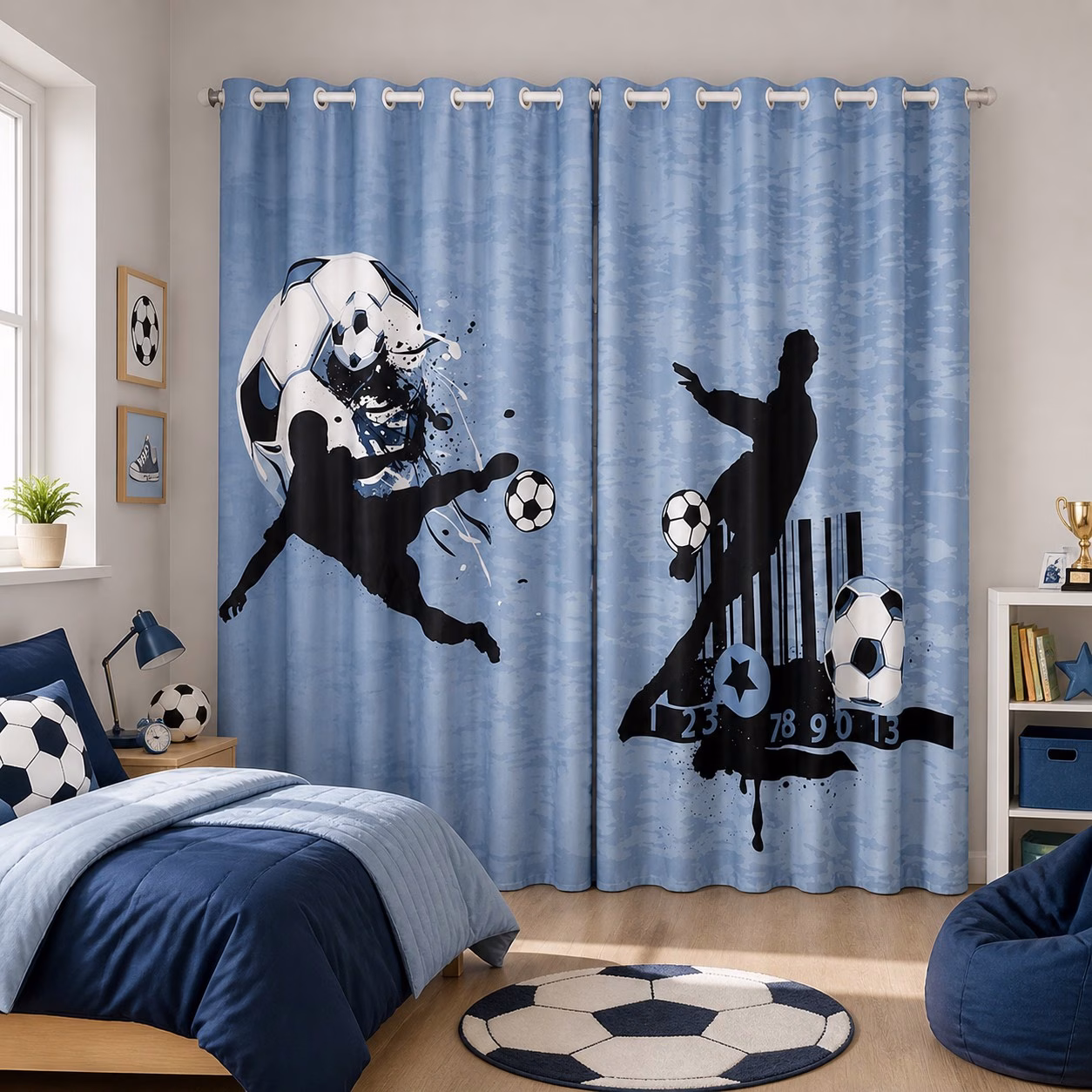 Set blauwe voetbalgordijnen met voetballers in een moderne kinderkamer