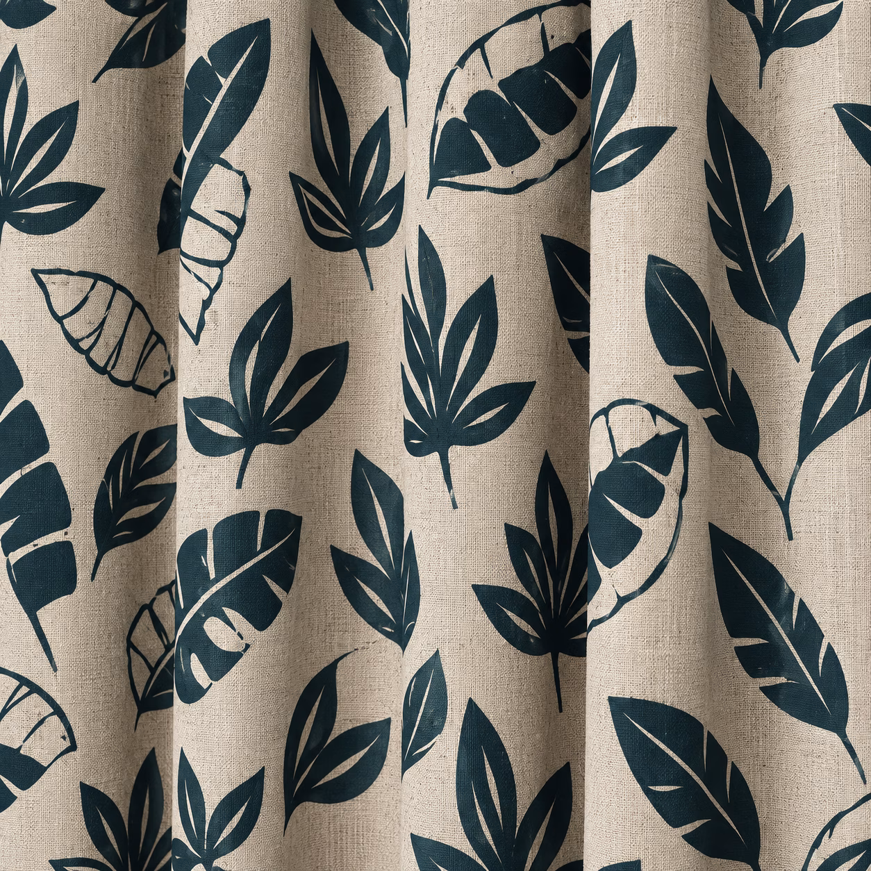 aturel linnenlook gordijnen met blauwe botanische bladprint