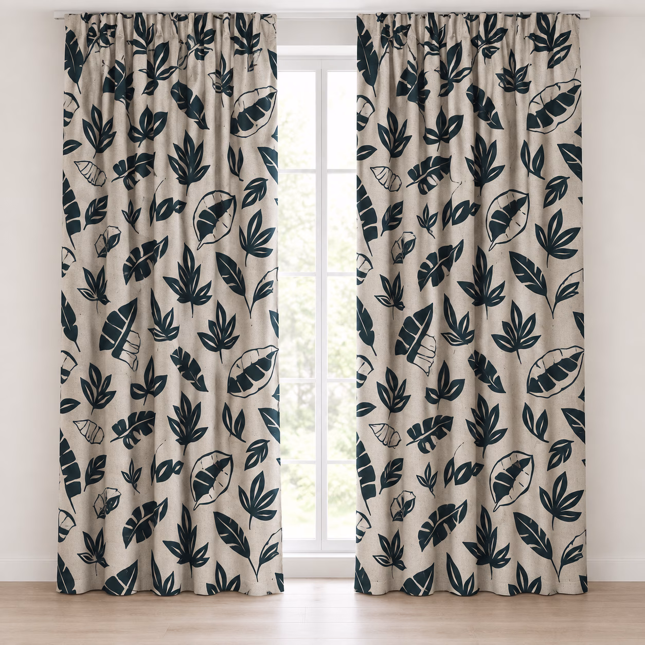 aturel linnenlook gordijnen met blauwe botanische bladprint