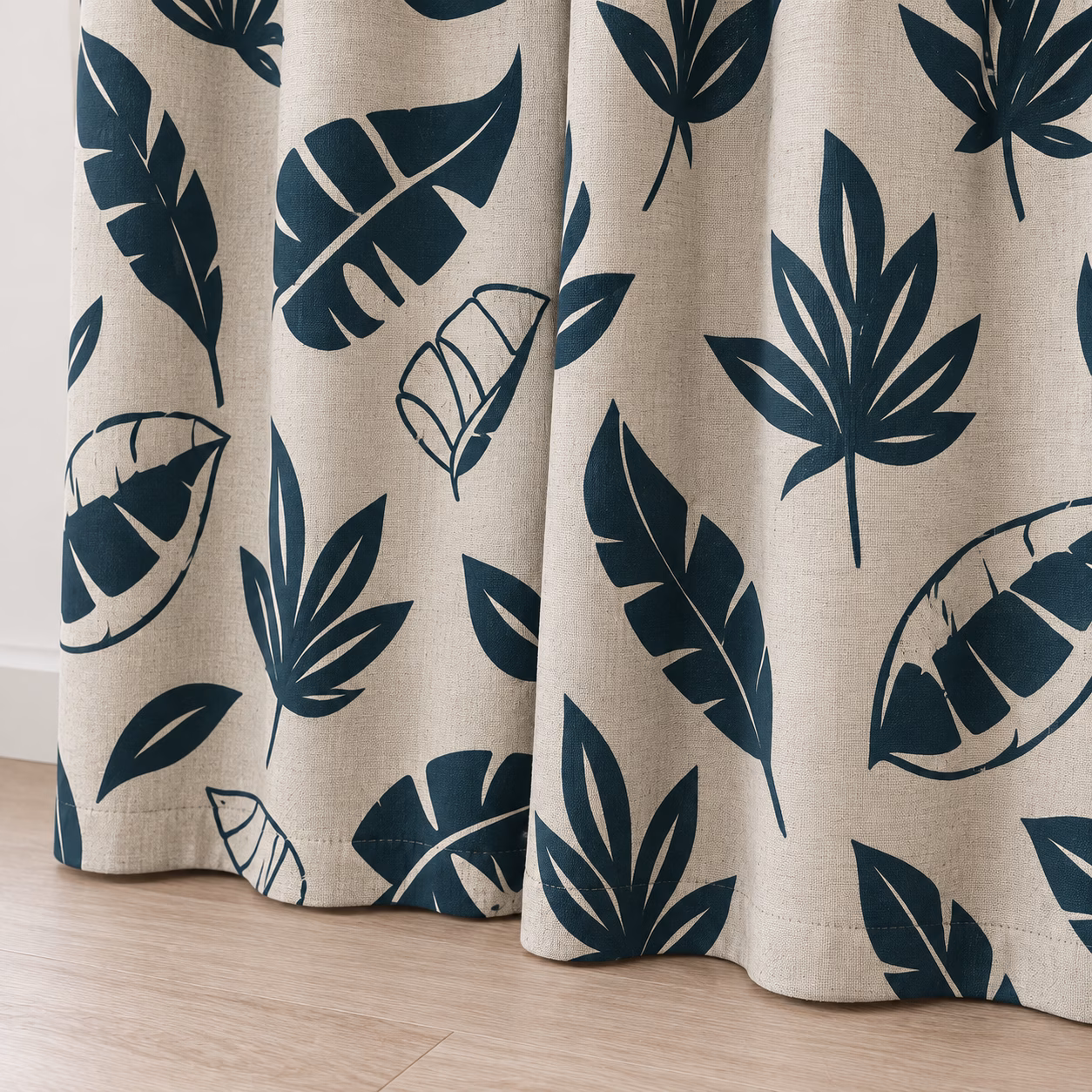aturel linnenlook gordijnen met blauwe botanische bladprint
