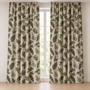 Naturel linnenlook gordijnen met groene botanische bladprint