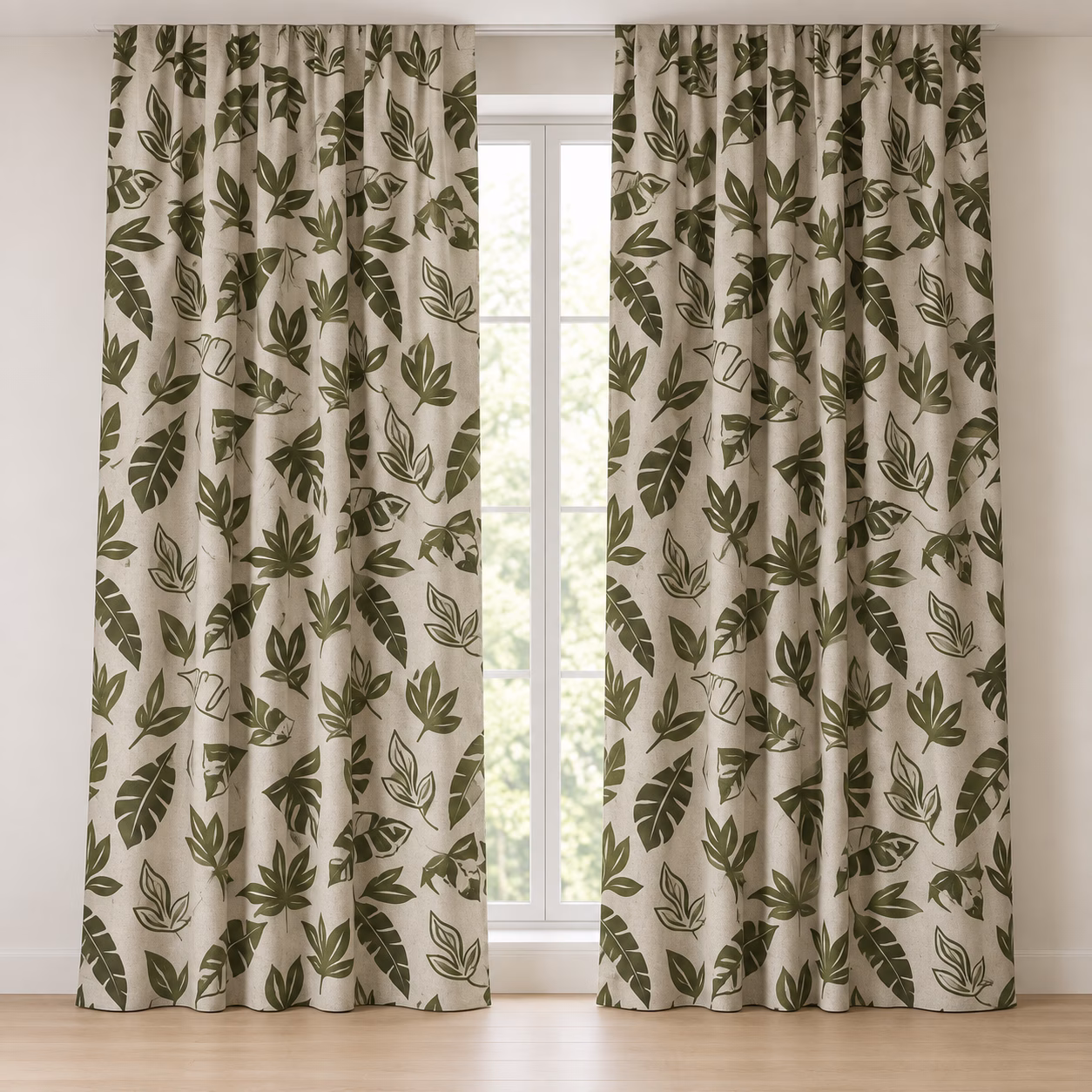 Naturel linnenlook gordijnen met groene botanische bladprint