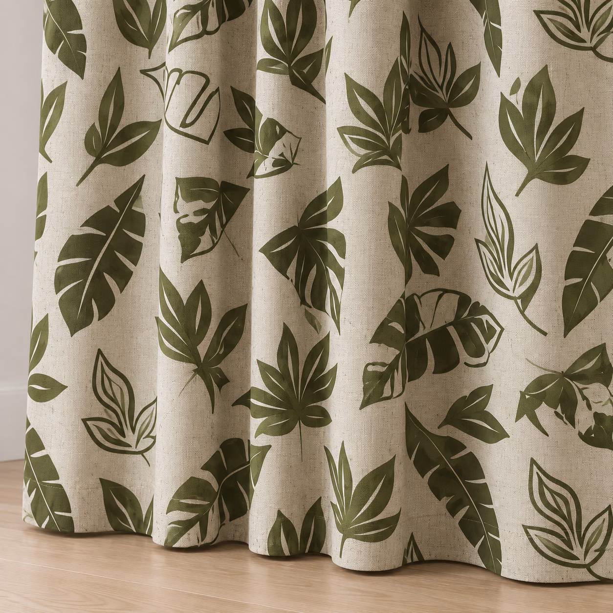 Naturel linnenlook gordijnen met groene botanische bladprint