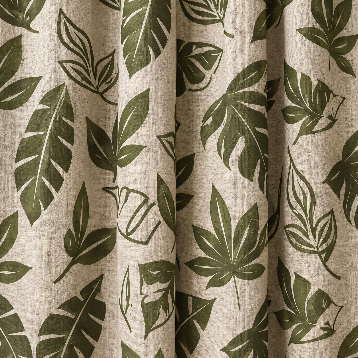 Naturel linnenlook gordijnen met groene botanische bladprint