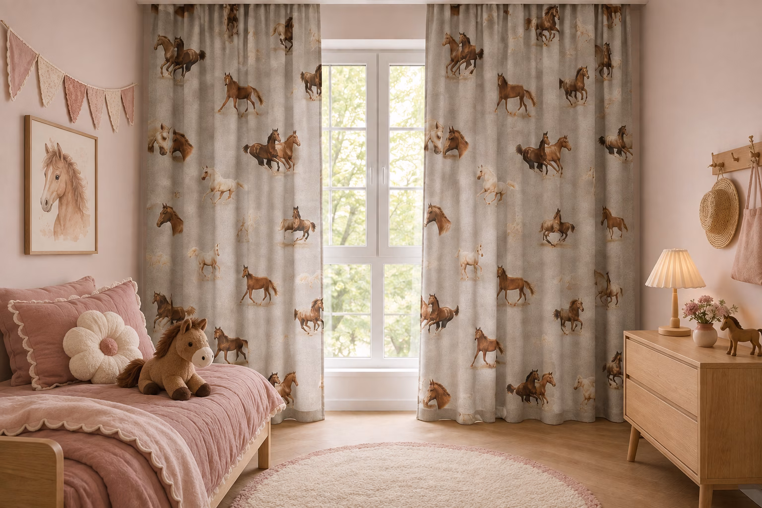 Naturel kindergordijn met paarden in een lichte kinderkamer